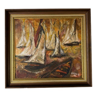 1962 Vintage Gemmar Impressionist Coastal Harbor Scene Oil on Canvas Painting, Framed For Sale