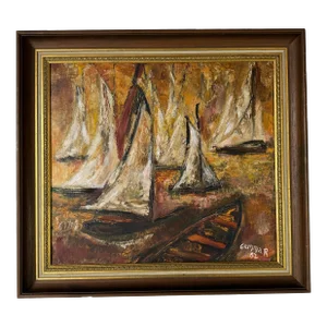 1962 Vintage Gemmar Impressionist Coastal Harbor Scene Oil on Canvas Painting, Framed