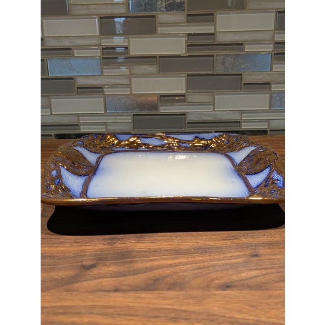 Art Deco 1880s Antique Victorian Staffordshire Flow Blue & Copper Luster Shell/Seaweed Square Plate For Sale - Image 3 of 7