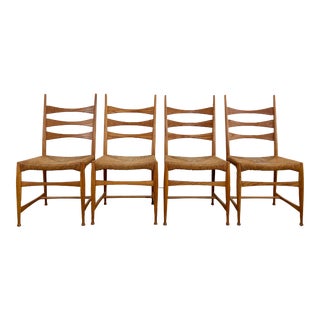 Vintage Italian Paolo Buffa Sculpted Wood and Raffia Dining Chairs, S/4 For Sale