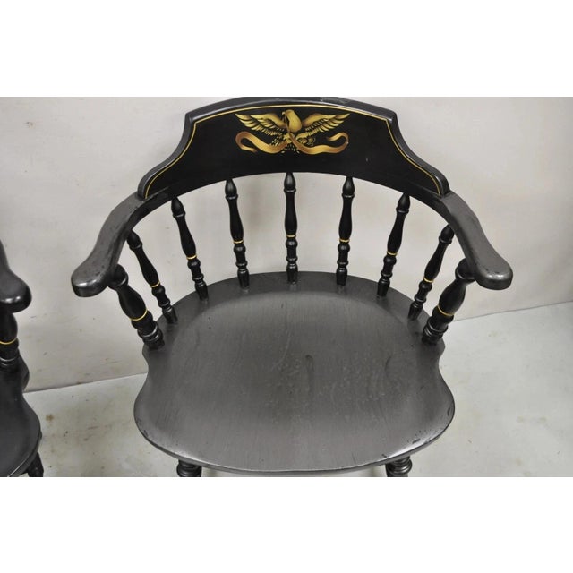 Mid 20th Century Vintage S. Bent & Bros Black Painted Eagle Colonial Pub Arm Chairs - A Pair For Sale - Image 5 of 12
