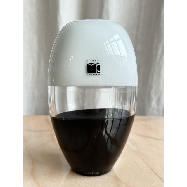 Stunning postmodern black and white split Murano glass vase by Carlo Moretti, Italy, 2000s. Made in 2008, this beauty...