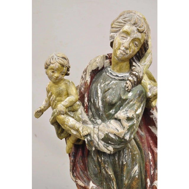 Spanish Antique Spanish Latin Polychromed Carved Wood Figure Madonna and Child Statue For Sale - Image 3 of 10