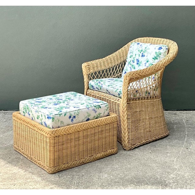 Early 21st Century Vintage Woven Rattan Chair and Ottoman in Schumacher “Garden Gate” For Sale - Image 5 of 15