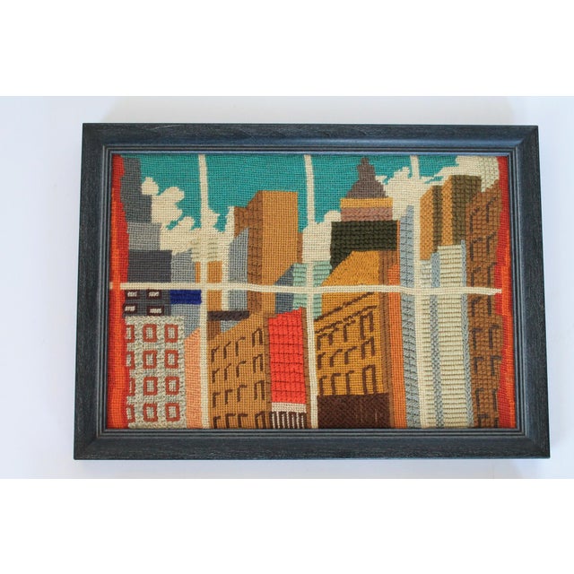 Mid-Century Modern Pair of 1970's Night & Day Cityscape Needlepoint Wall Hangings "Out My Window" For Sale - Image 3 of 8