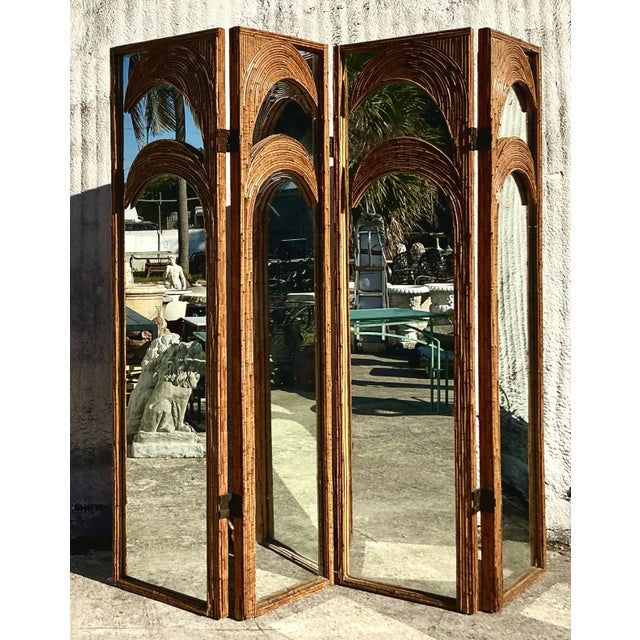 Stunning vintage coastal screen featuring an arched design with split reed palm detailing and mirrored panels. A perfect...