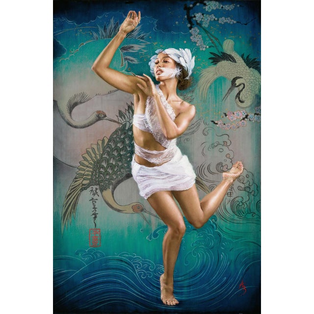 I Know Not How to Find the Spring by Alexandra Manukyan | Oil on Belgian Linen Dancer with cranes and waves For Sale