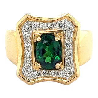 1.25 Carat Oval Cut Tsavorite And Round Cut Diamond Halo Rectangle Shape Ring, Size 7.5 For Sale
