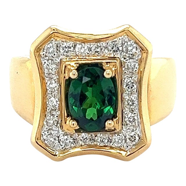 1.25 Carat Oval Cut Tsavorite And Round Cut Diamond Halo Rectangle Shape Ring, Size 7.5 For Sale