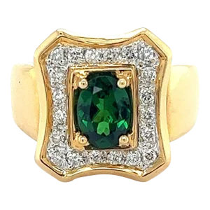 1.25 Carat Oval Cut Tsavorite And Round Cut Diamond Halo Rectangle Shape Ring, Size 7.5