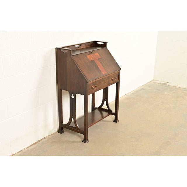 Charles Limbert Stickley Brothers Style Antique Mission Oak Arts & Crafts Drop Front Secretary Desk With Inlaid Marquetry, Circa 1910 For Sale - Image 4 of 16