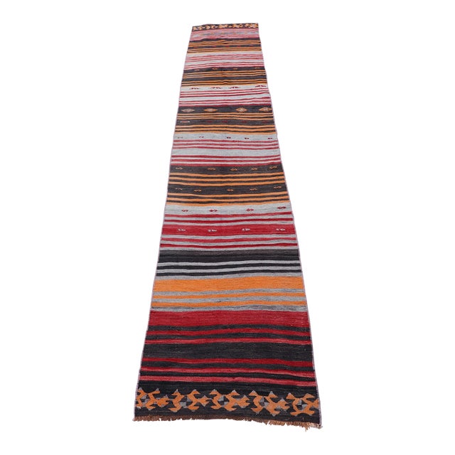 1960s Turkish Traditional Hand-Knotted Striped Design Runner For Sale