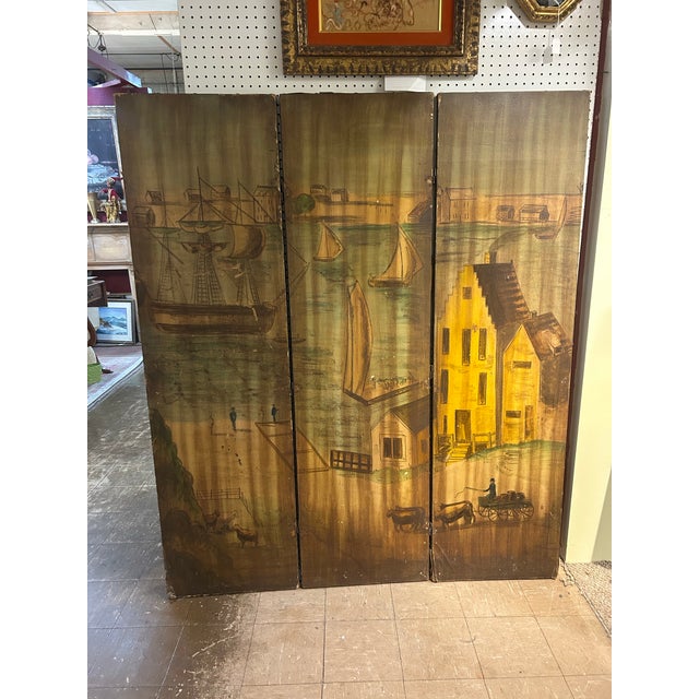 Antique Hand-Painted Folk Art Room Divider Partition 3-Panel Screen With Nautical Commercial City Harbor Scene For Sale - Image 10 of 12