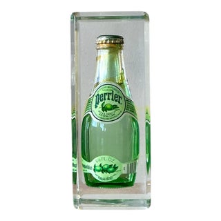Vintage Boho Perrier Bottle in Lucite Block For Sale