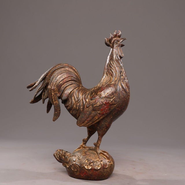 Late 20th Century Gilt Bronze Figure of a Rooster on a Lucky Bag Base For Sale - Image 4 of 9