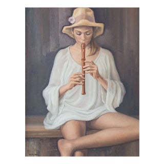 Unknown, Girl Playing Recorder Signed, 1960s, Oil on Canvas For Sale