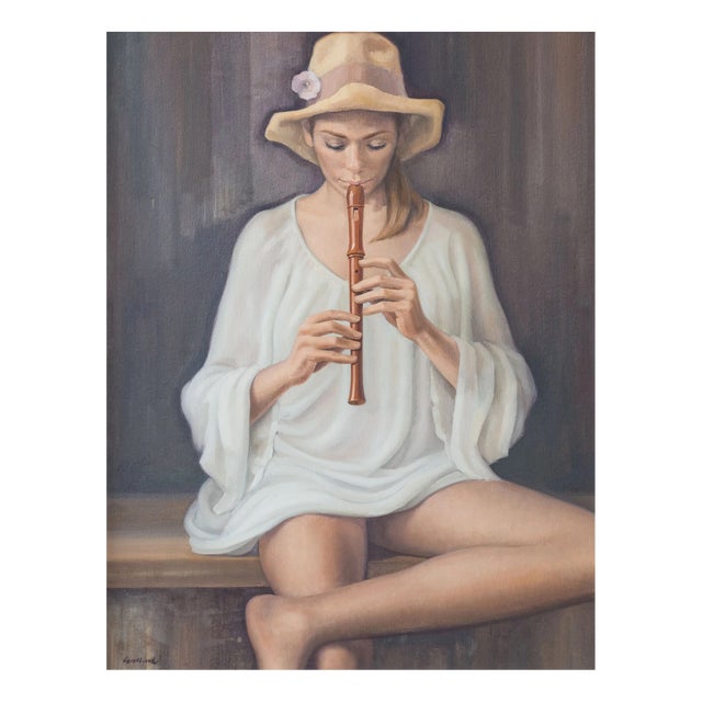 Unknown, Girl Playing Recorder Signed, 1960s, Oil on Canvas For Sale