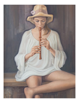 Unknown, Girl Playing Recorder Signed, 1960s, Oil on Canvas