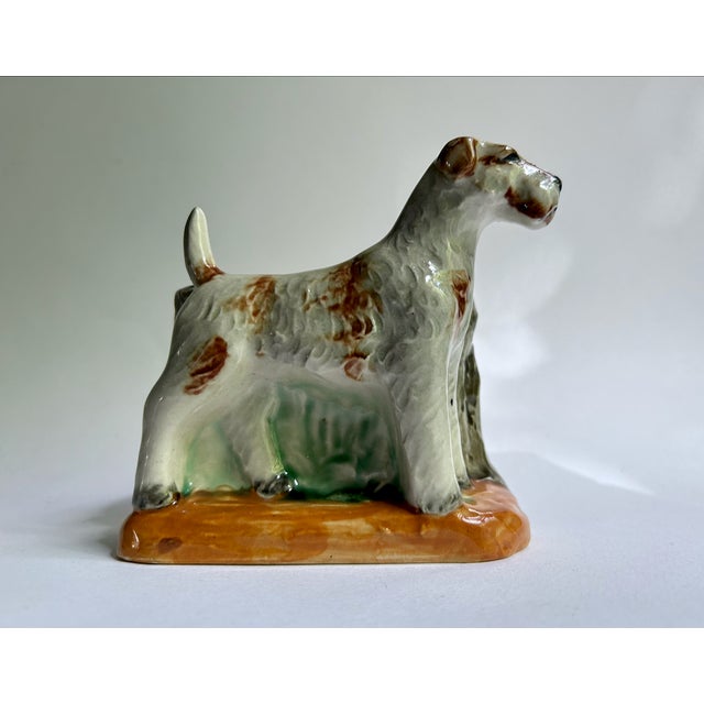 Mid Century handcrafted Wire Fox Terrier dog figurine, Off White Glazed Ceramic Vase, Planter. Featuring a hand painted...