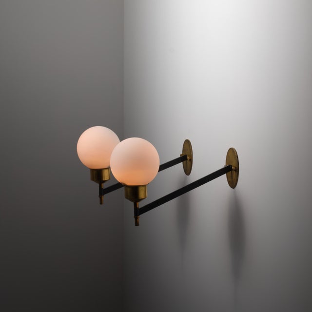 Italian Wall Sconces in Brass, Black Steel and Opaline Glass, 1950s, Set of 2 For Sale - Image 6 of 10