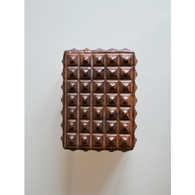 Beautiful brutalist like hand carved wooden box. Pyramid shaped relief.