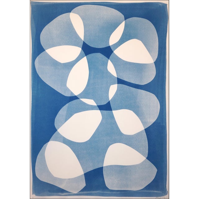 2026, Mid Century Modern Floating Shapes, Handmade Monotype Cyanotype, Abstract Organic in Blue Tones For Sale - Image 4 of 10