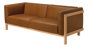 LIFT Minimalist Three-Seater Sofa in Oak Wood and Camel Leather Seat by Julien Renault