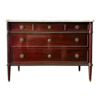 19th Century Louis XVI Mahogany Dresser With Beveled Marble Top and Bronze Pulls For Sale