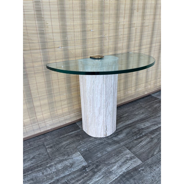 Tan Postmodern Marble and Brass Half-Moon Shaped Side Table in the Artedi Style. Circa 1980s. For Sale - Image 8 of 18