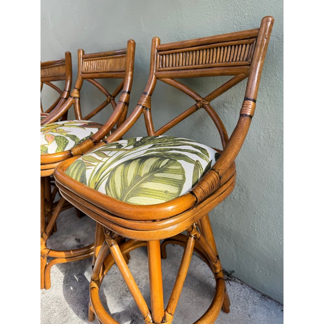 1960s 1960s Rare Trio of X-Back Bamboo Swivel Counter Stools (3) - Refurbished and Reupholstered For Sale - Image 5 of 12