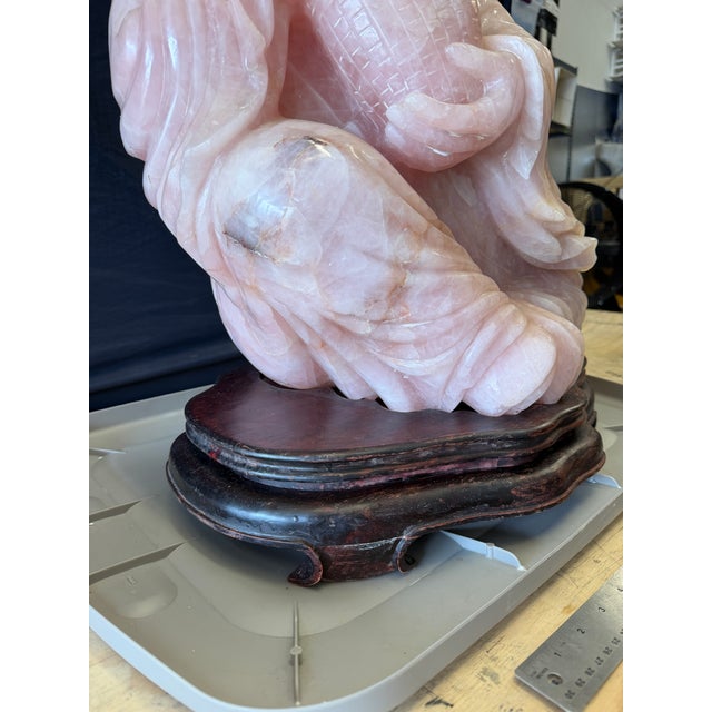 Gemstone Large Vintage Chinese Carved Rose Quartz Boy Sculpture on Hardwood Stand For Sale - Image 7 of 7