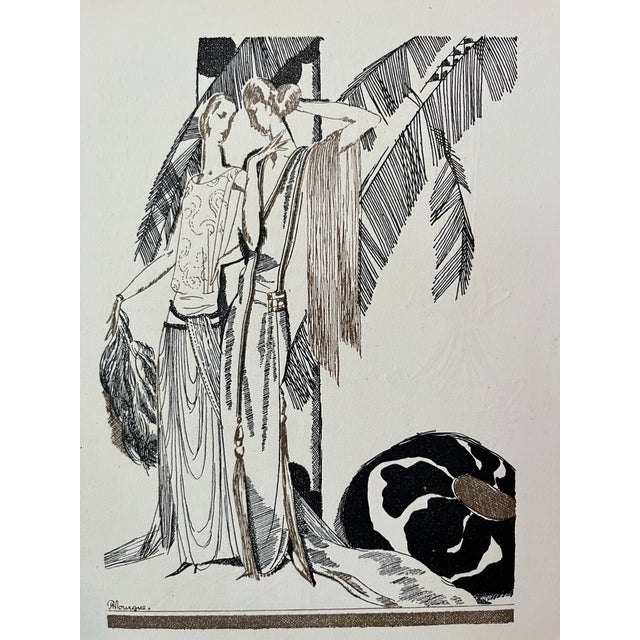 A fashion illustration by Pierre Mourge of two women against a backdrop of palm fronds and an oversized lounging cushion....
