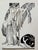 A fashion illustration by Pierre Mourge of two women against a backdrop of palm fronds and an oversized lounging cushion....