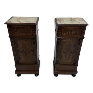 Sicilian Hand-Carved Bedside Tables with Marble Tops, 1940, Set of 2 For Sale