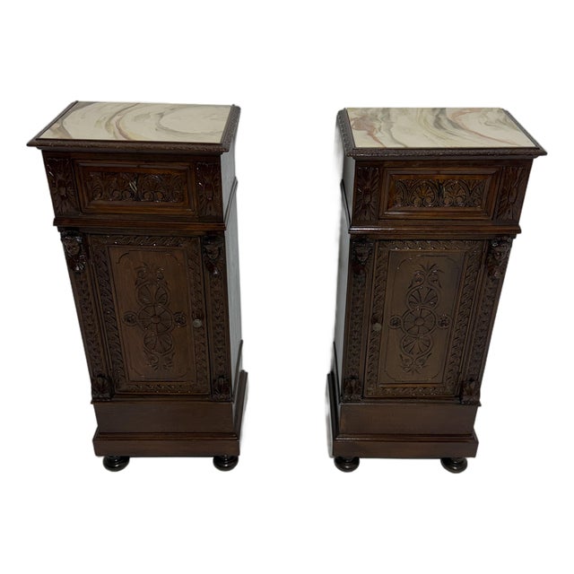 Sicilian Hand-Carved Bedside Tables with Marble Tops, 1940, Set of 2 For Sale