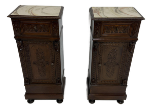 Sicilian Hand-Carved Bedside Tables with Marble Tops, 1940, Set of 2
