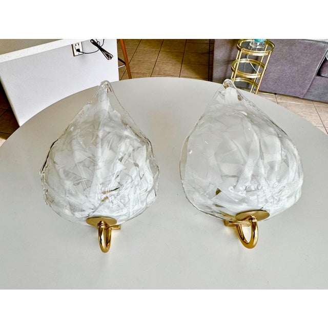 Mid-Century Modern Pair of Mazzega Murano White and Clear Glass Leaf Wall Sconces For Sale - Image 3 of 18