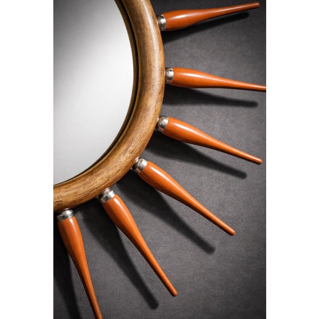 Mid-Century Modern Style Wood Sunburst Wall Mirror With Orange Spindle Rays (24.5” Diameter) For Sale - Image 4 of 6