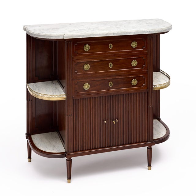French French Louis XVI Style Mahogany Buffet With Marble Shelves and Tambour Doors, Circa 1880 For Sale - Image 3 of 8