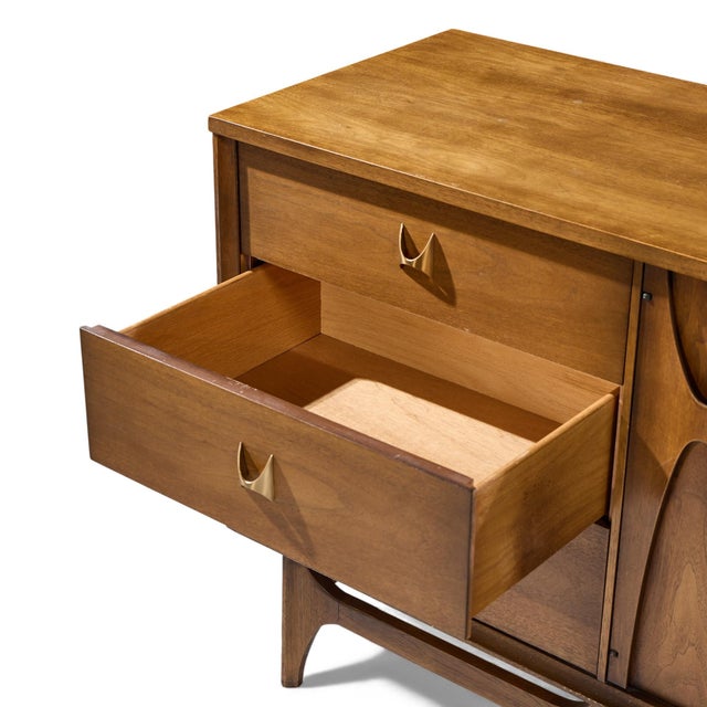 Wood Broyhill Brasilia Mid Century Walnut and Brass Lowboy Dresser For Sale - Image 7 of 9