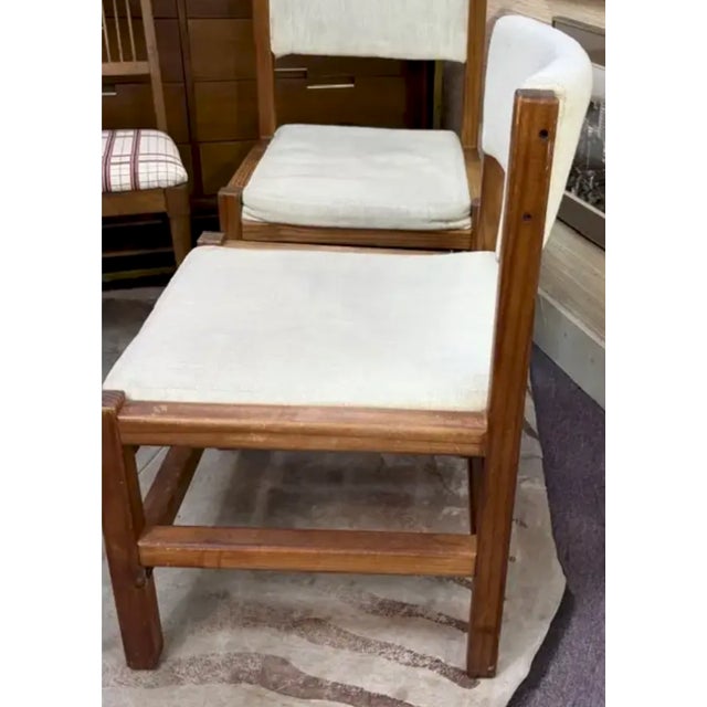 Mid-Century Modern Mid Century Angular Scandinavian D Scan Style Wood Dining Chairs With Thick Linen Upholstery For Sale - Image 3 of 12