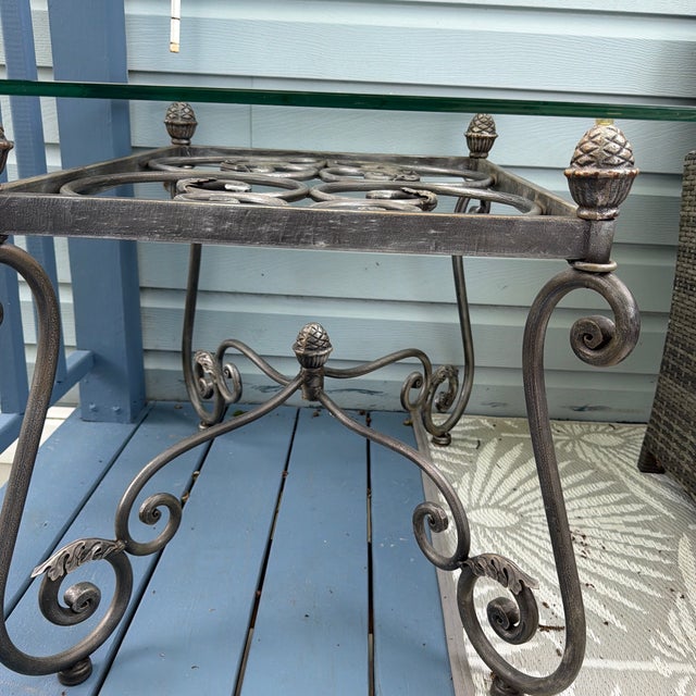 Metal Vintage Wrought Iron French End Table Beveled Glass Top Ornate Rectangular For Sale - Image 7 of 8
