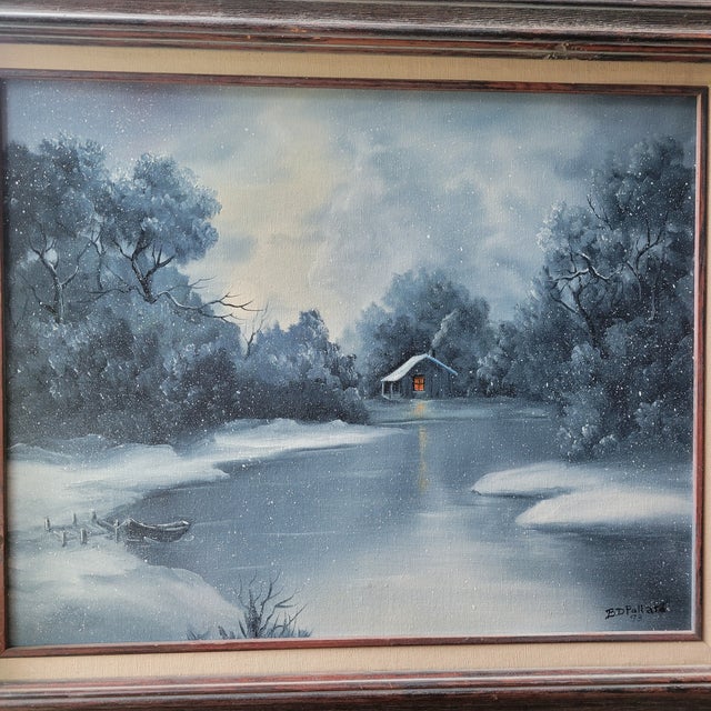 1990s VTG Oil Painting 25"x21" Canvas Snow Cabin Stream Trees Water SGN Bd Pollard '93 For Sale - Image 5 of 18