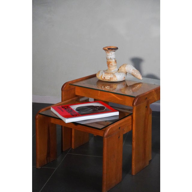 Tan Coffee Table Set in Pine Wood and Glass by Afra & Tobia Scarpa, 1970s, Set of 2 For Sale - Image 8 of 14