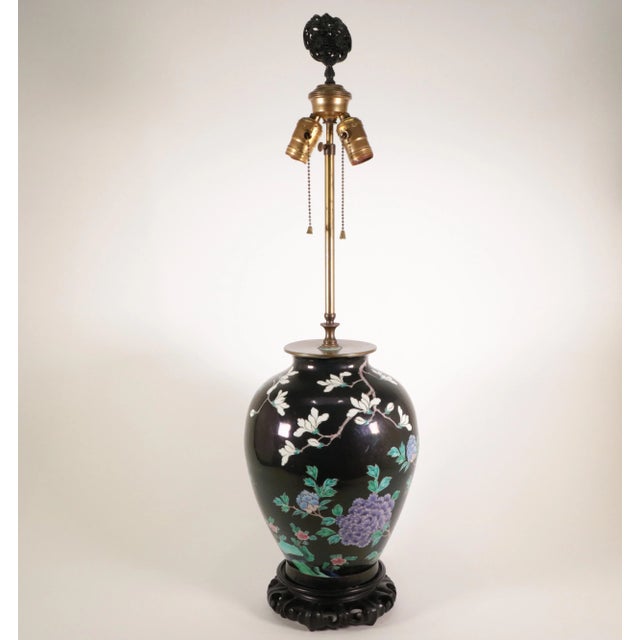 Asian Antique Early 20th Century Famille Noire Kangxi Style Table Lamp For Sale - Image 3 of 10