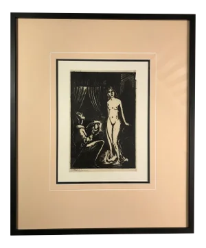 1940s Figurative Nude Woodcut Print by Howard Simon, Framed