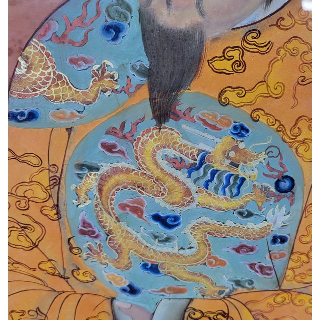 Wood Antique Chinese Reverse Painting on Glass of Emperor Hongxi For Sale - Image 7 of 10