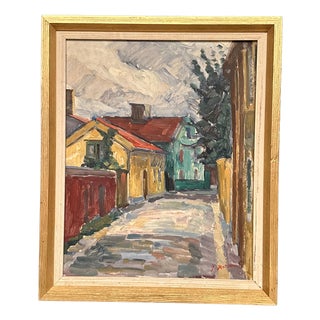 Jan Hatvani, Street with Houses, 1960s, Oil on Panel, Framed For Sale