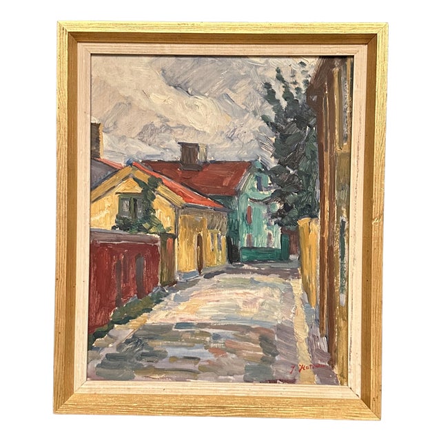 Jan Hatvani, Street with Houses, 1960s, Oil on Panel, Framed For Sale