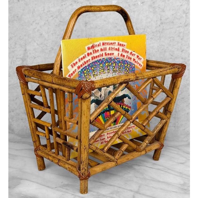 - Original 1970's Coastal Rattan Magazine Rack - Satin Finished Natural Rattan Construction - Leather Wrapped Corners -...